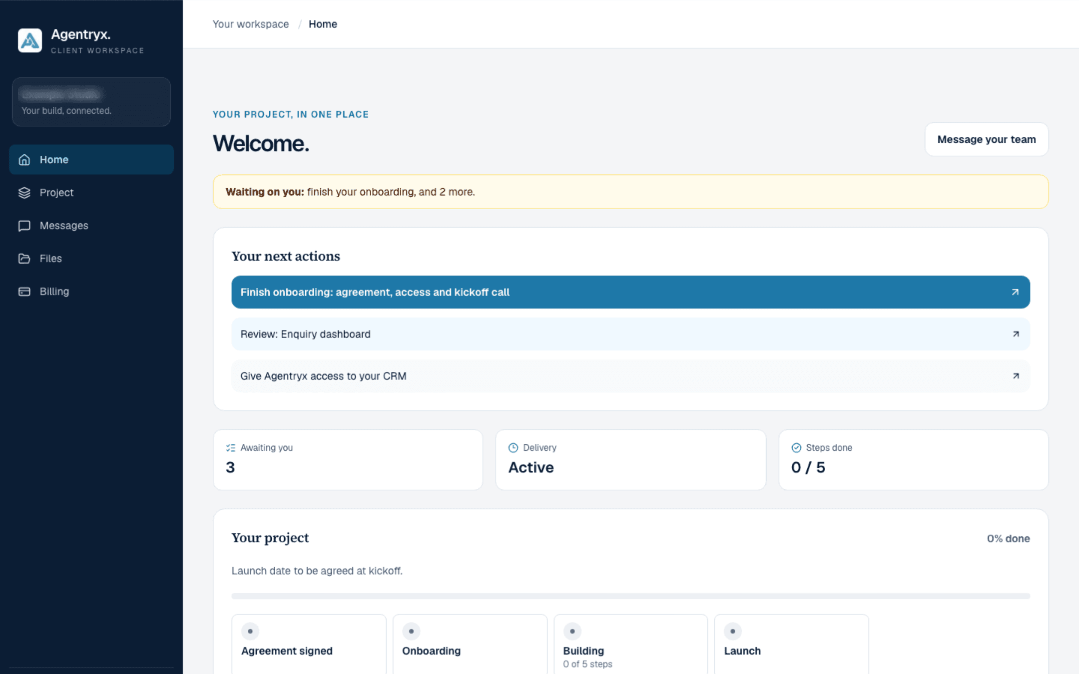 The Agentryx client workspace showing next actions and project progress