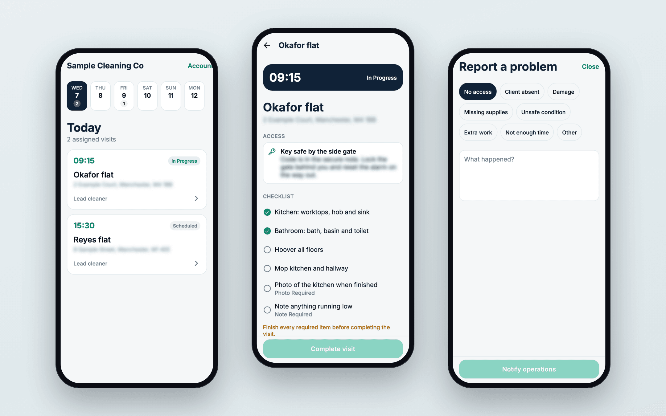 Three Rota cleaner screens: the day’s visits, one visit with access instructions and a checklist, and the report a problem form