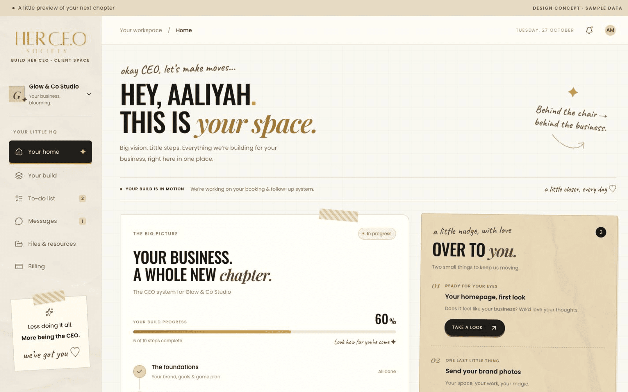 The Build Her CEO client space: build progress, two things waiting on the client and the next catch-up call