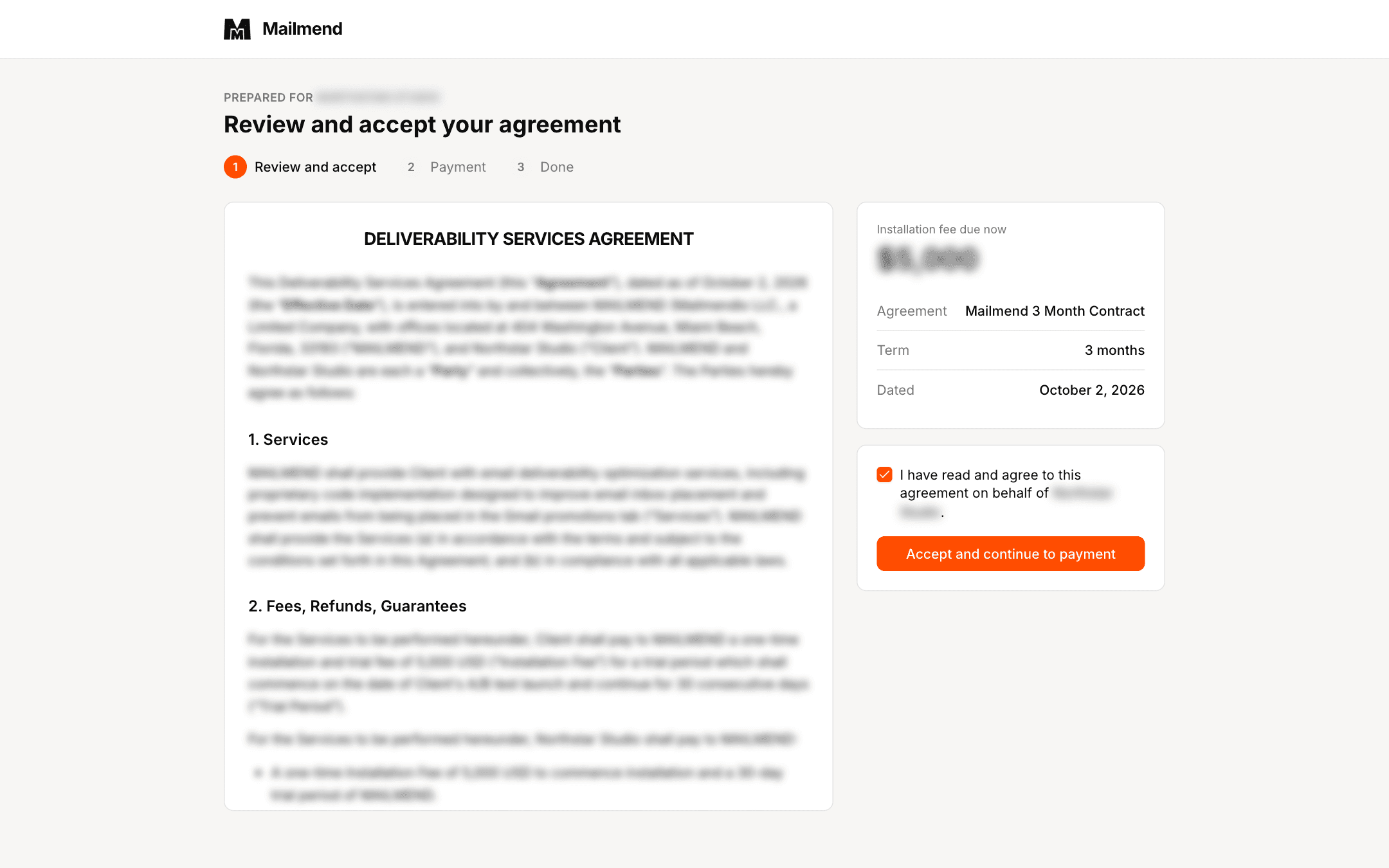 The MailMend client checkout page: the service agreement on the left, a ticked acceptance box and the payment button on the right