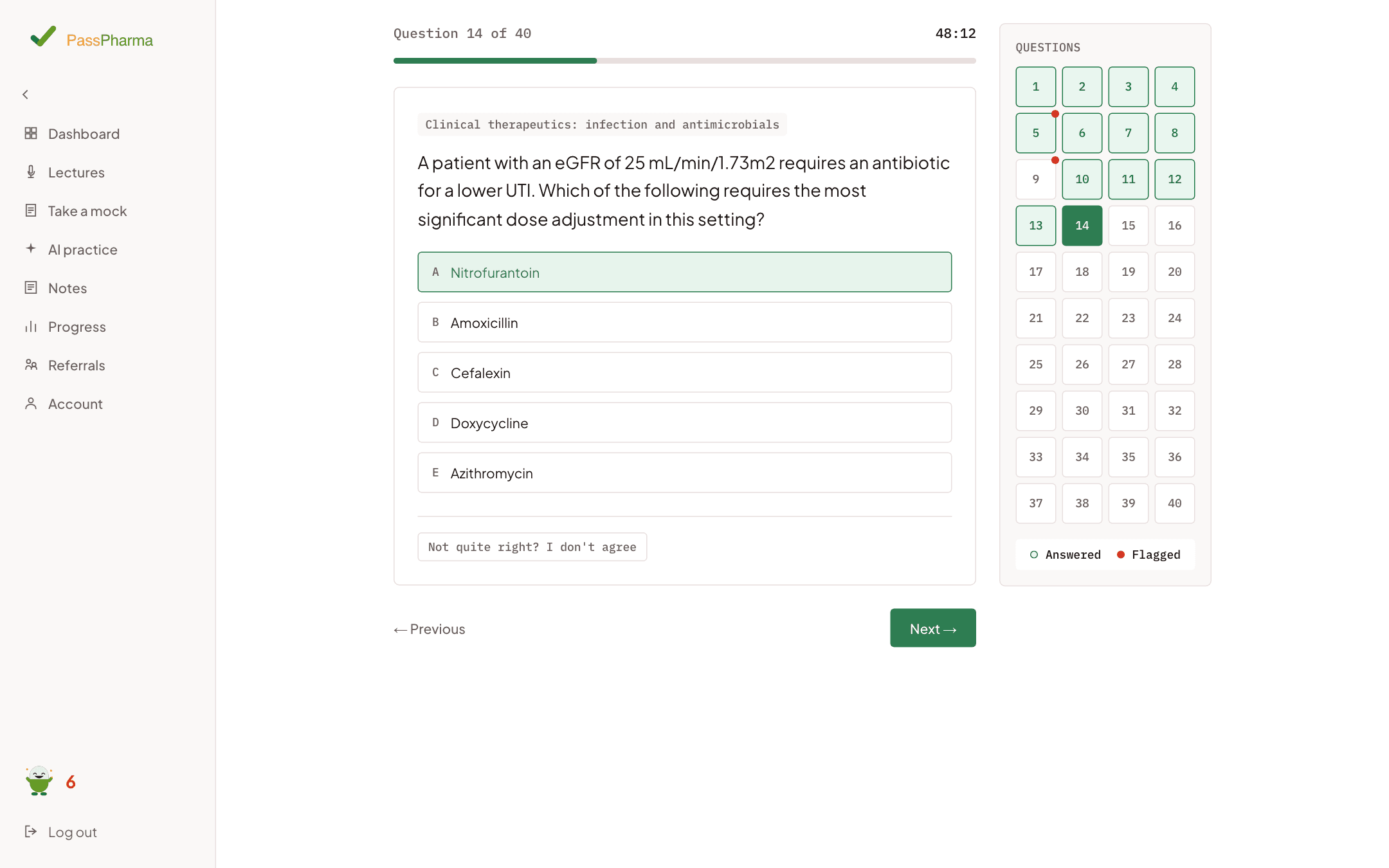 The PassPharma exam screen: a clinical question with five options, a countdown timer and a question map showing answered and flagged questions