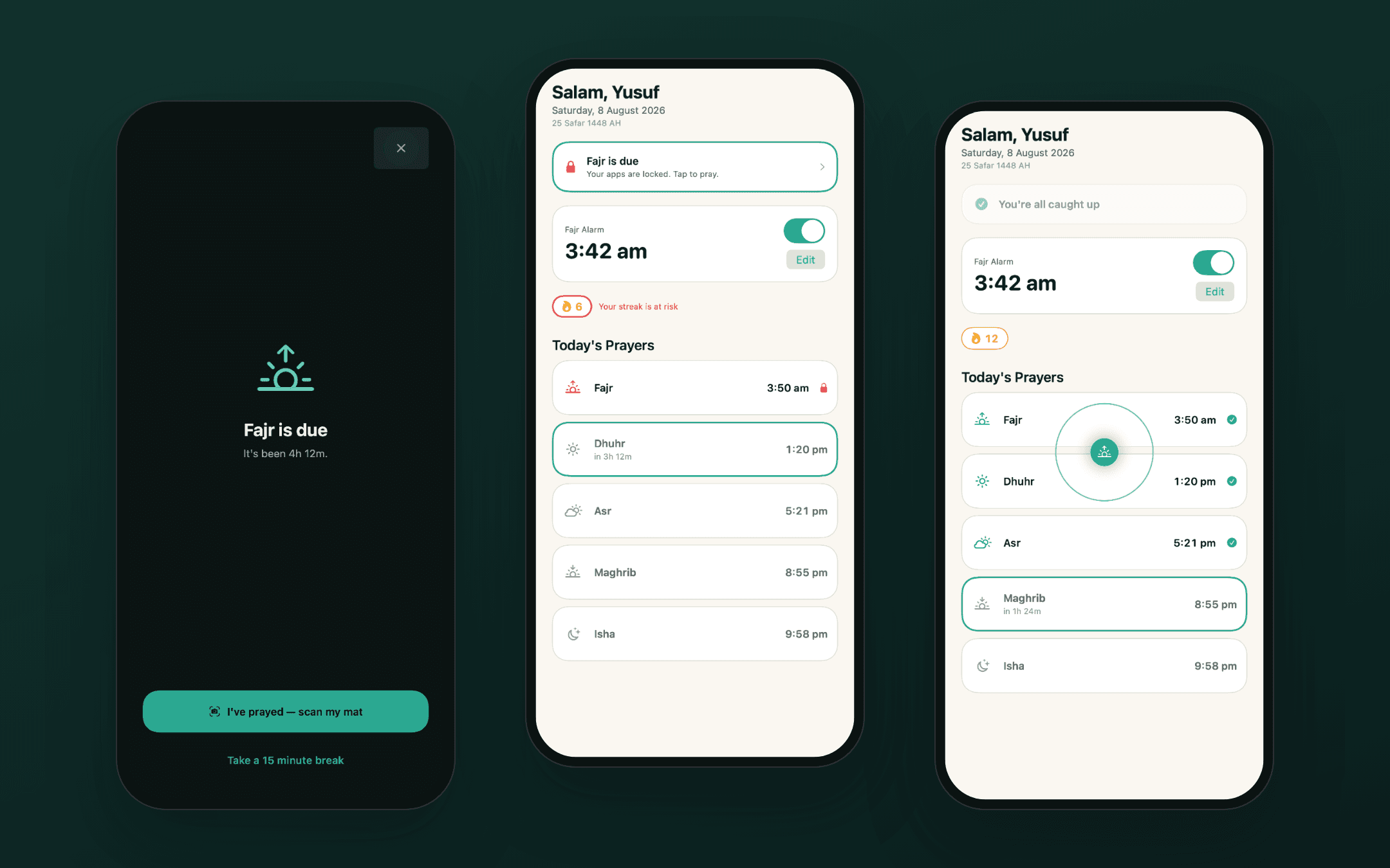 Three Prayd screens: the lock screen saying Fajr is due, the home screen with the apps locked, and the home screen once every prayer is caught up