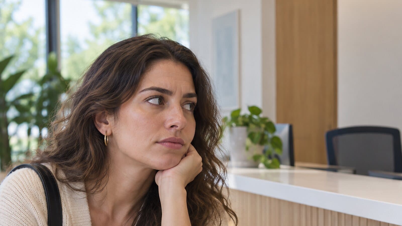 Customer waiting at an unattended reception desk, looking for someone to help