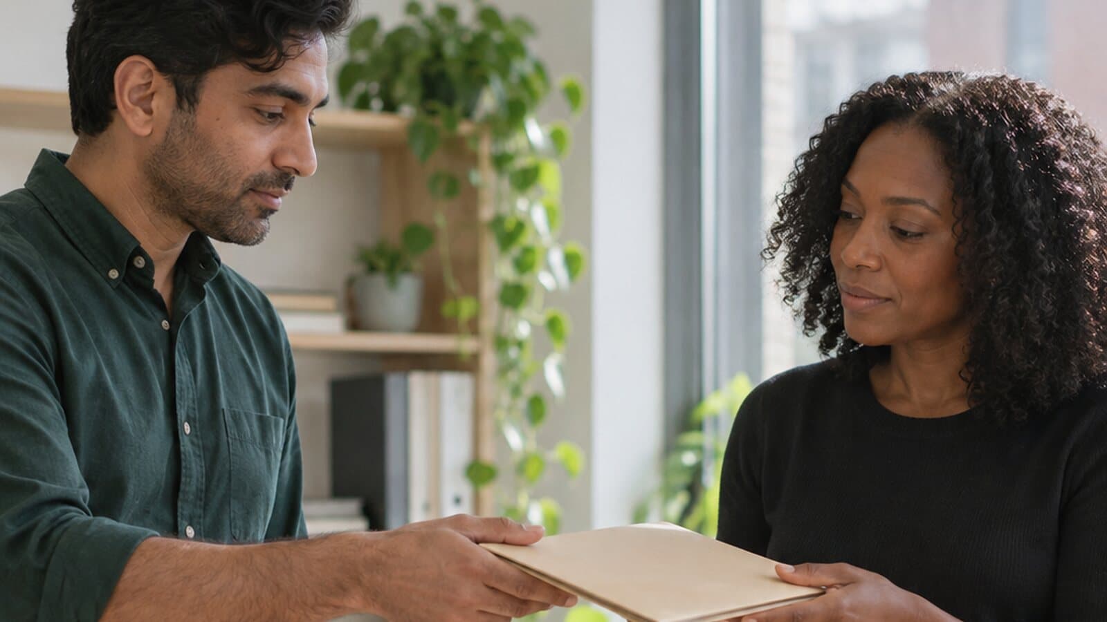 Colleague handing a client folder to a new team member in a bright office