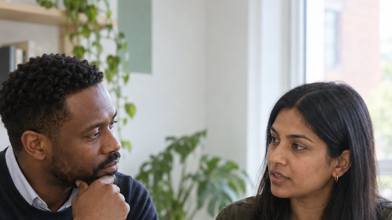 Business owner and consultant discussing a project across a table in a bright office